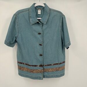 Womens Vintage Western Denim Top‎ Size L Short Sleeve Leopard Trim Y2K Cowgirl